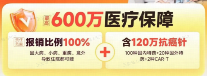 最高600万医疗保障，报销比例100%，含120万抗癌针